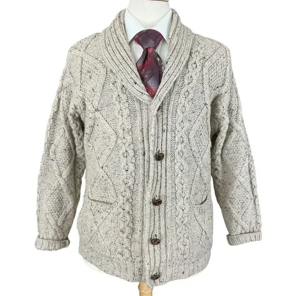 Aran Crafts Merino Shawl Collar Cardigan Sweater Mens L Speckled Stone Ireland